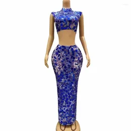 Stage Wear Sexy Blue Rhinestones Mirrors Sleeveless Top Skirt Dress Set Stretch Outfit Dance Birthday Celebrate Costume Party