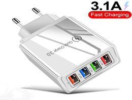 31A Fast Power Adapter USB Charger 4USB Ports Adaptive Wall QC30 Quick Charging Travel universal EU US Plug opp pack8827018