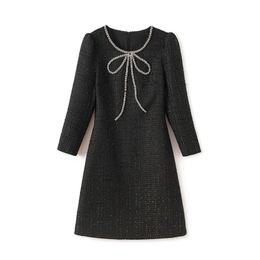 2024 Spring Black Bow Beading Solid Color Dress Long Sleeve Round Neck Knee-Length Casual Dresses W4M016402