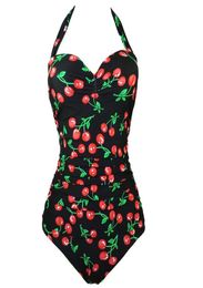 2016 Summer Swimwear Sexy Vintage Floral Print Monokini Cherry Swimsuit Halter Push up One piece Bathing suit Plus Size XXXL MX2006723382