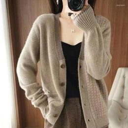 Women's Knits Cardigan Sweater Brown Knit Tops For Woman Winter Button V-neck Tricot Blouse Warm Clothes Autumn 2024 In Promotion