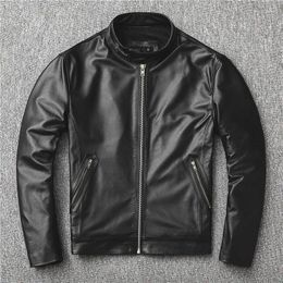 Men's Tracksuits The First Layer Of Cowhide Motorcycle Jacket Leather For Men Slim Sheepskin Short Standing Collar