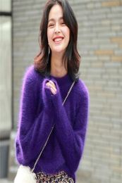 2020 Winter New Mink Cashmere Sweater Round Neck Pullover Angora Loose Temperament Purple Lazy Knitwear Woman LJ2011138517094