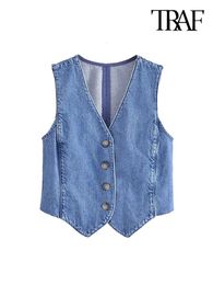 Traf Women Fashion Front Button Dżins kamizelka Vintage V Szyjka bez rękawów żeńska odzież wierzchnia elegancka kamizelki 240229