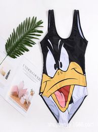 2019 Women One Piece Swimsuit Cartoon Duck Print Bikini Beach Onepiece Tankini Girls Cute Bathing Suit Summer Swimwear Black SXL2590762