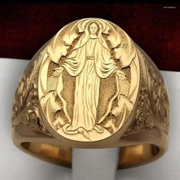 Cluster Rings HOYON Elegant Unisex 14k Yellow Gold Colour Ring For Men Jewellery Gift Virgin Mary Blessing Badge Hand Carved Religious