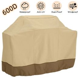 Kits 600d Oxford Cloth Bbq Cover Oven Dust Cover Heavyduty Bbq Cover Beige Brown Outdoor Uv Resistant Waterproof Bbq Grill Cover