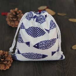 Vintage Fish Printed Linen Drawstring Bag 9x12cm 11x14cm 13x17cm pack of 50 Birthday Wedding Party Candy Sack Jewellery Gift Packagi315F