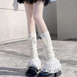 Women Socks Twist Cable Knit With Bowknot Tiered Ruffled Lace Hem Covers Middle Tube Long Calf For X4YC