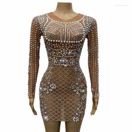 Stage Wear Sparkly Rhinestones Pearl Transparent Short Dress Birthday Party Evening Celebrate Outfit Women Singer Bar Concert Dance Costume