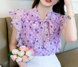 Women039s Blouses Summer Temperament Purple Chiffon Blouse Office Lady LaceUp Bow Female Korean Sleeveless Casual Loose Women 4827620