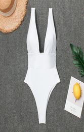 Sexy Vneck Onepiece Swimsuit Women high waist Thong women039s swimwear 2019 Monokini Simple black white Beach Bathing Suit3028213673