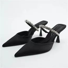 Sandals Summer Concise Women Shoes Black Silk Rhinestone Design High Heels Pointed Toe Sandalias De Mujer Solid Pumps Big Size