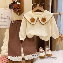 Clothing Sets 2024 Autumn Winter Infant Girls Clothes Set Patched Lace Loose Pants Suit Kniited Flower Collar Warm Children Outfit