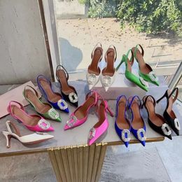 Amina Muaddi Women satin slingback pumps High Heels Stilettos Pumps Satin Crystal Halter Pumps Pointed-Toe Pumps 90mm 70mm Luxury Designers size 35-42 Evening shoes