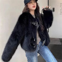 Fur Fashion Fur Coat Women Short Jacket Faux Fox Fur Jackets Streetwear Ladies Oneck Fur Tops Autumn Winter Black Grey Fur Coats