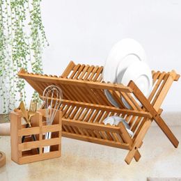 Kitchen Storage Dish Drainer Drying Rack Bamboo Dishes With 20 Slots 2 Tier Bowl And Holder Utensil Box Collapsible