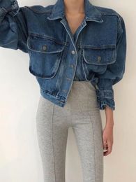 Women's Jackets 2 Colors Casual Jean Coats 2024 Autumn Women Sexy Puff Denim Jacket Long Sleeve Cropped Female Girls Streetwear(xh8940)