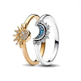 Cluster Rings 925 Sterling Silver Pan Europe Celestial Blue Sparkling Moon Ring & Sun For Women Fashion