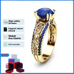 Cluster Rings HOYON 14K Gold Color Blue Sapphire Ring For Women Wedding Jewelry Diamond Style Red Gemstone Ruby Rose