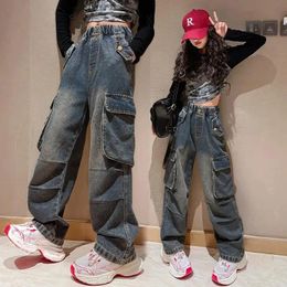 2023 Spring Autumn Young Girls Jeans Cargo Pants Wideleg Loose Elastic Waist Retro Causal Fashionable Korean 413 Years Old 240227