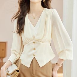 Women's Blouses QOERLIN V-Neck Long Sleeve Chiffon Blouse Korean Fashion Short Cropped Tops Female 2024 Button Elegant Casual Shirts