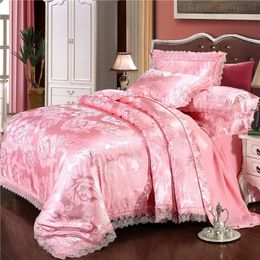 European Luxury Lace Jacquard Satin Duvet Cover Set with Sheet High End Viscose Pink Bedding Healthy Breathable Sets 240226