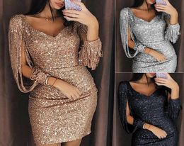 Fashion Sexy Women Sequin Tassels Bandage Bodycon Evening Party Club Sheath Mini Dress SunDress Black Silver Rose Red1835238