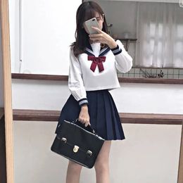 Japanese Style S2XL Students Girls School Uniforms Navy Costume Women Sexy JK Suit Sailor Blouse Pleated Skirt Set 240226
