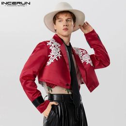 INCERUN Tops American Style Casual Men Splicing Lace Decorative Flower Blazer Stylish Cropped Long Sleeved Suit Jackets 240223