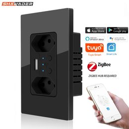 Zigbee Smart Brazilian Wall Socket USB Tomada Electric Brazil Plug Outlet PC Glass Panel Remote Tuya Smartlife Alexa Home 240228