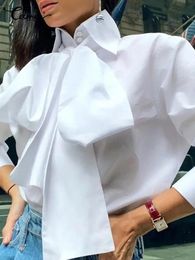 Celmia Women Bow Tie Neck White Shirts Fashion Long Sleeve Chemise Casual Elegant Party Blouse Solid Blusas Tops Femininas 240229