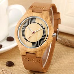 Wristwatches Wooden Brown Leather Watch For Men Minimalist Quartz Wristwatch Spiral Pattern Dial Watches Birthday Gifts Boyfriend Father