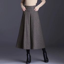 Wide Leg Pants Skirt Plaid Bellbottom Autumn Winter Cropped Trousers Thick Bootcut 240229