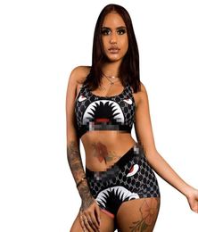 Shark Print women Swimsuit Crop Top Vest + Swim Shorts Trunks Boxers 2 Piece Set Tracksuit Patchwork Swimwear Bikini underwear1964182