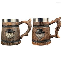 Mugs 2024 German Retro Wood Style Beer Mug Large-capacity Stainless Steel Coffee Cup Simulation Solid