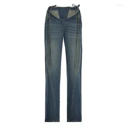 Women's Jeans Korean Design Sense Low Waist Women 2024 Sexy Hollow Out Lace-up Piece Straight Female Denim Long P