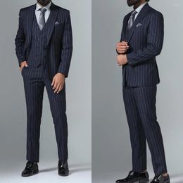 Men's Suits Black Men Suit 3 Pieces Blazer Vest Pants Single Breasted Peaked Lapel Tuxedo Business Pinstripes Wedding Groom Costume Homme