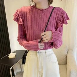 Women's Blouses Women Autumn Winter Top Half-high Collar Long Sleeve Thick Knitted Shirring Ruffle Elastic Slim Fit Pullover Sweater