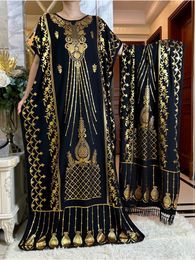2024est Summer Abaya Dress Short Sleeve Cotton Loose Dress With Big Scarf Gold Stamping Boubou Maxi Islam Women Clothing 240229