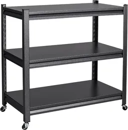 Hooks Garage Storage Shelves Heavy Duty 3-Tier Metal Shelving Unit W/ Wheels Large Capacity Racks And Shelf