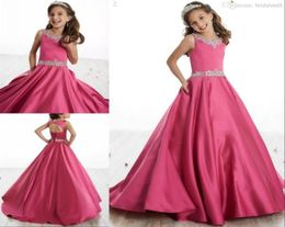 Crystal Satin Girls Pageant Dresses Beads Crew Neck Little Flower Girls Dresses Lace Up Back Teen Kids Formal Birthday Party Gradu9966854