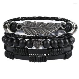 Charm Bracelets Fashion Men's Leather Set Bracelet Temperament Leaf Feather Everything Braided Hand Rope Cross Alloy