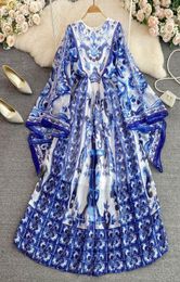 Casual Dresses Maxi Dress Women Batwing Sleeve Blue And White Porcelain Printing Bohemian Vacation Fashion Designer Summer Faldas 4457416