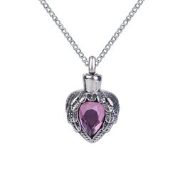 Urn Necklace Purple Birthstone Wing Heart Pendant Memorial Ash Keepsake Cremation Jewelry Stainless Steel With Gift Bag and Chain235H