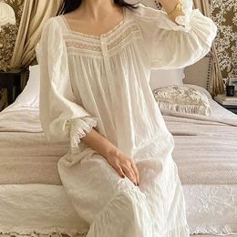 Women's Sleepwear Girls Loungewear Nightdress Pyjamas Ruffle Lace Looose Cotton Female Women French Vintage Patchwork Long Sleeves Dress