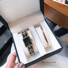 26% OFF watch Watch Live streaming without trace small fragrant wind Naijia woven strap two needle square womens quartz bracelet three piece set