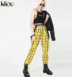 Kliou 2018 new yellow plaid overalls pants women fashion street high waist zipper fly adjustable strap female workout trousers T194717772