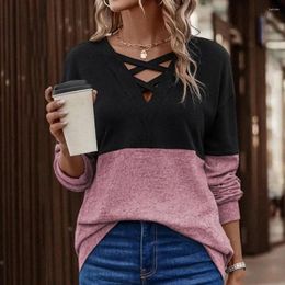 Women's Blouses Breathable V-neck Top Colorblock V Neck Long Sleeve T-shirt For Women Soft Pullover With Hollow Out Design Spring