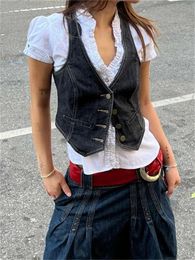 Women Y2K Aesthetic Denim Vest Coat Sleeveless V Neck Button Down Crop Top Summer 2000s Gothic Grunge Kawaii Tank Top Streetwear 240229